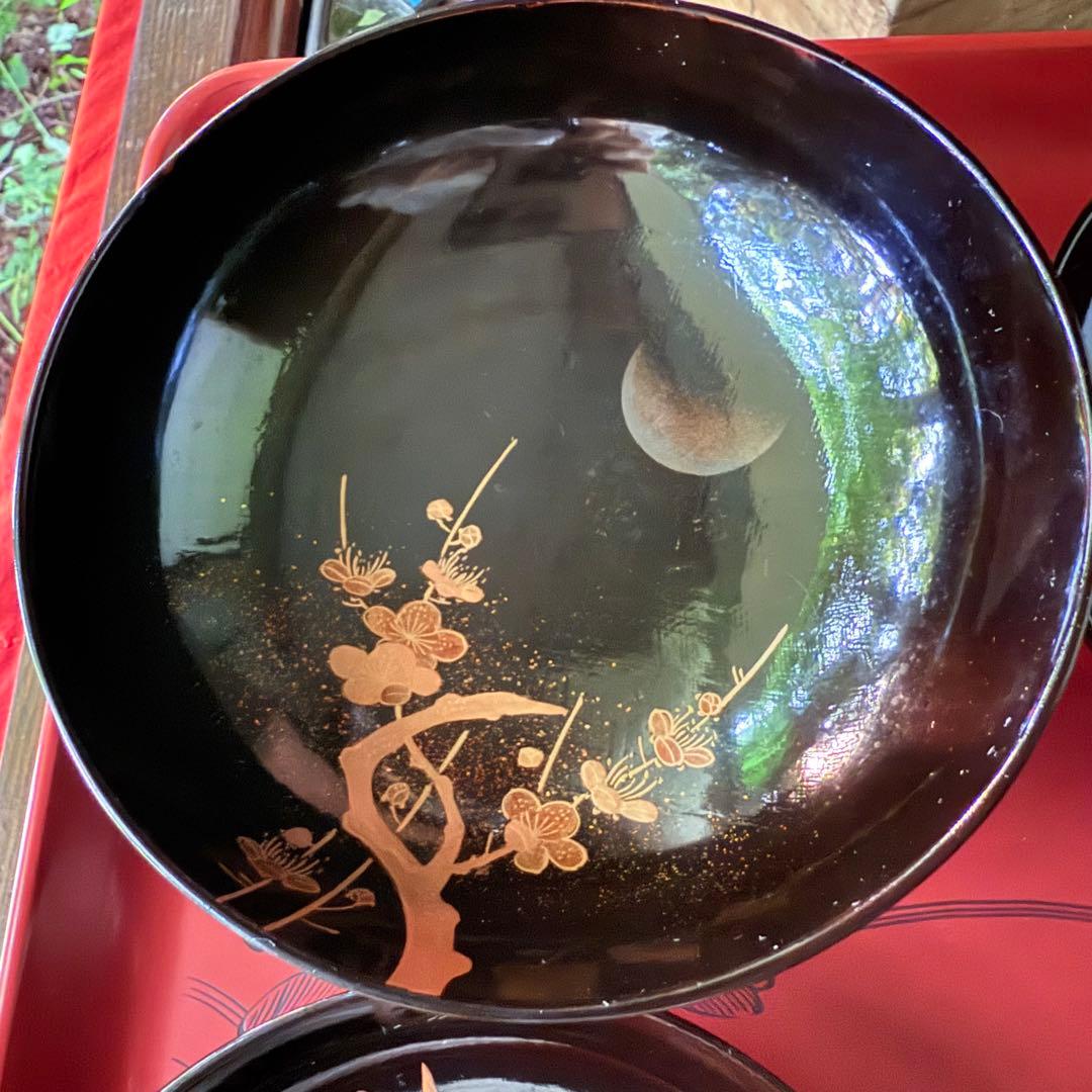 2182様感謝‼️JAPAN明治伏せ蒔絵天然木秘するが花‼️梅に鶯＆月　吸物椀 5客