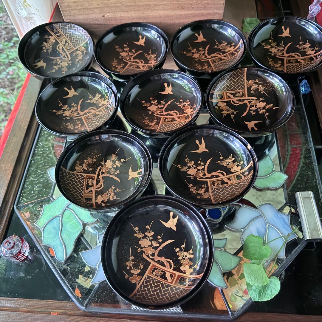 2182様感謝‼️JAPAN明治伏せ蒔絵天然木秘するが花‼️梅に鶯＆月　吸物椀 5客