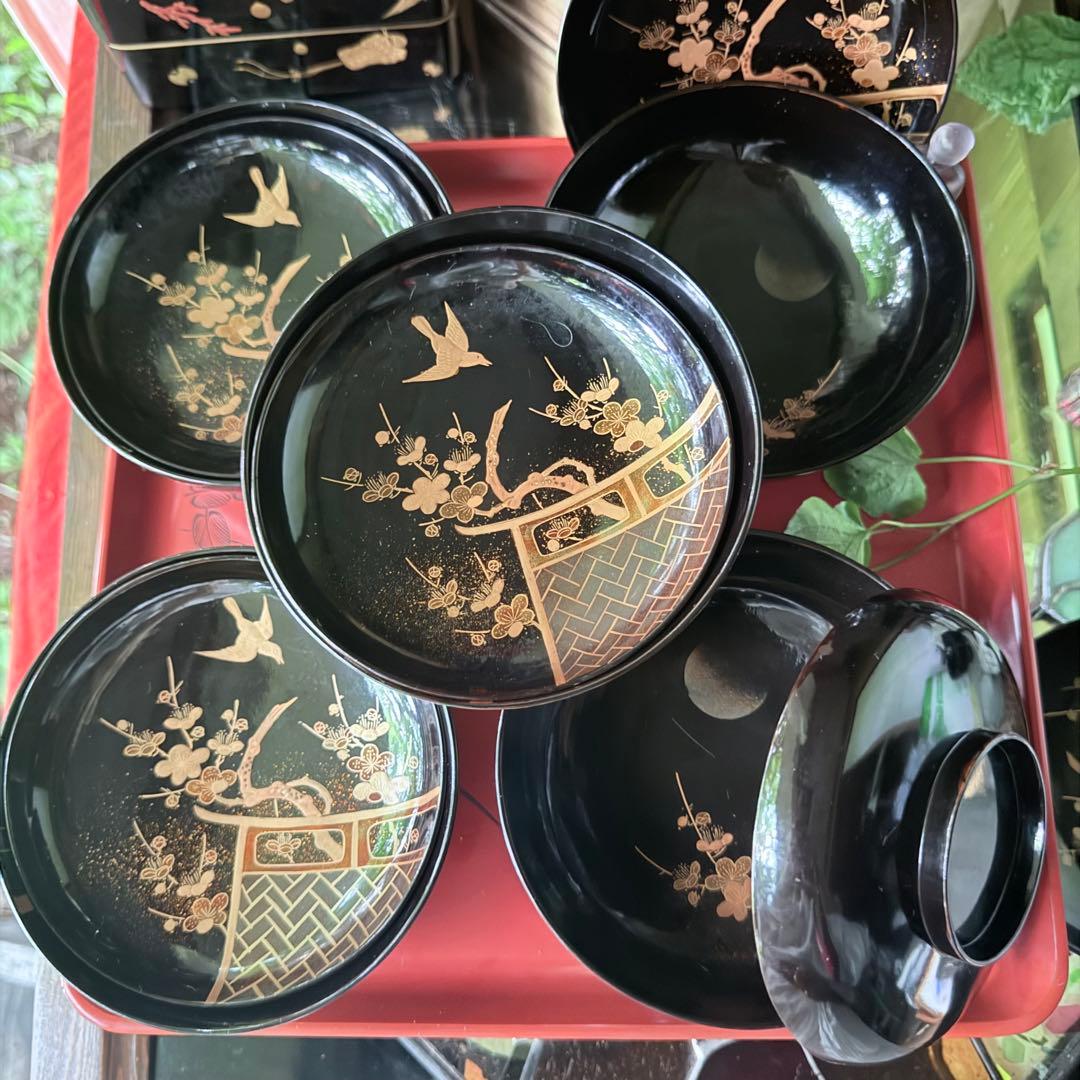 2182様感謝‼️JAPAN明治伏せ蒔絵天然木秘するが花‼️梅に鶯＆月　吸物椀 5客