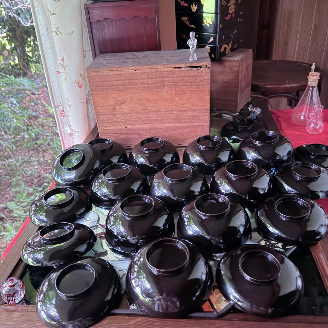 2182様感謝‼️JAPAN明治伏せ蒔絵天然木秘するが花‼️梅に鶯＆月　吸物椀 5客