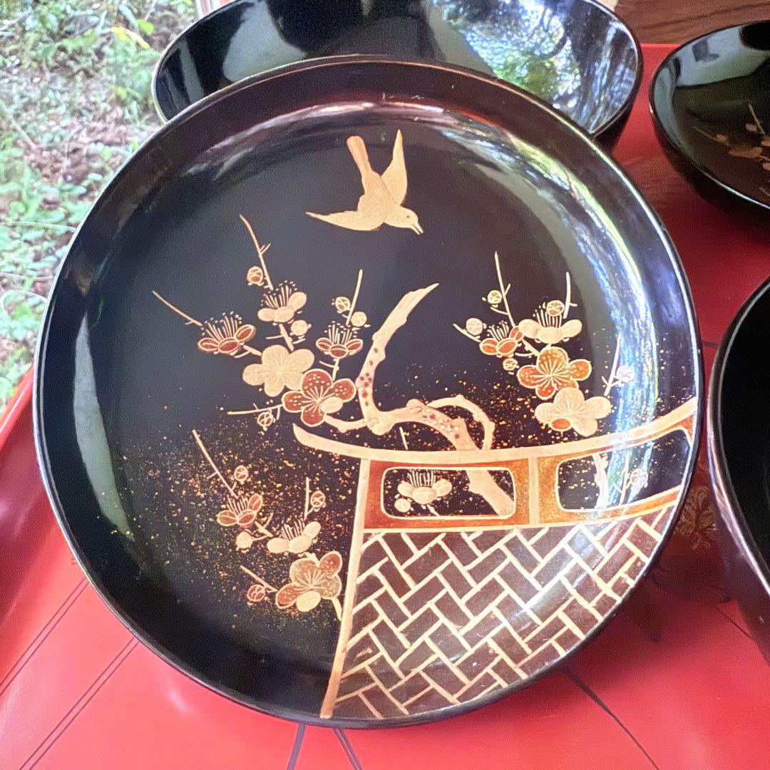 2182様感謝‼️JAPAN明治伏せ蒔絵天然木秘するが花‼️梅に鶯＆月　吸物椀 5客