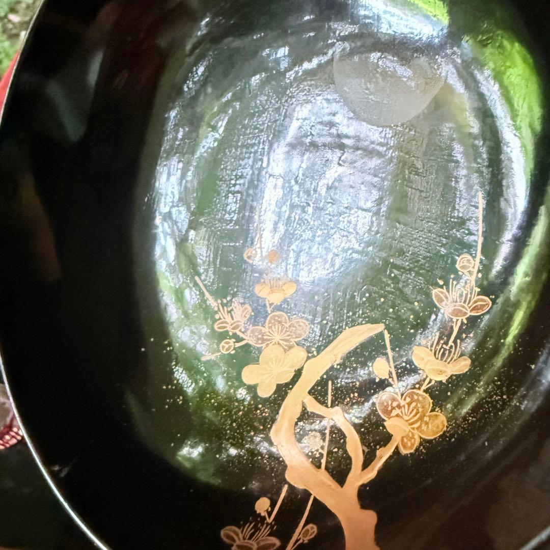 2182様感謝‼️JAPAN明治伏せ蒔絵天然木秘するが花‼️梅に鶯＆月　吸物椀 5客
