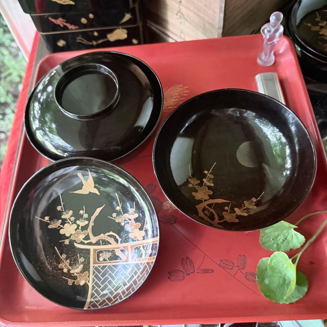 2182様感謝‼️JAPAN明治伏せ蒔絵天然木秘するが花‼️梅に鶯＆月　吸物椀 5客