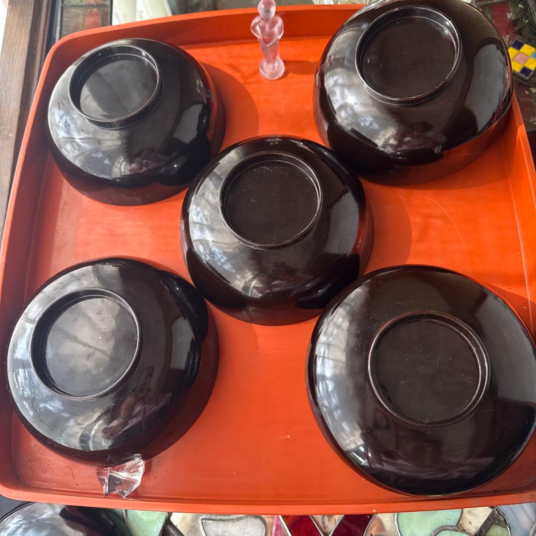 2182様感謝‼️JAPAN明治伏せ蒔絵天然木秘するが花‼️梅に鶯＆月　吸物椀 5客