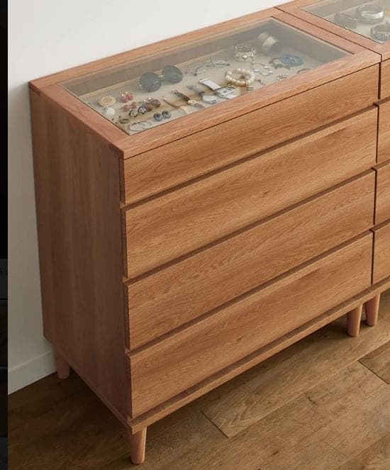ナチュラルウッド 4段チェスト ガラス天板付き