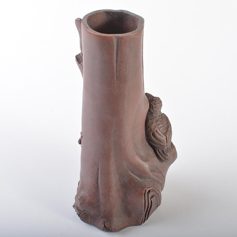 中国　紫砂　朱泥　梅に鳥彫　花瓶　在銘　V　R6460