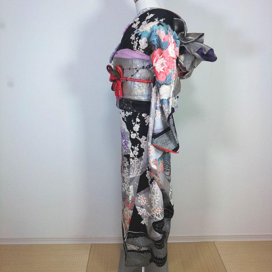 格安！！　振袖フルセット　11点　成人式　結婚式　前撮り　黒　ブラック　絞り　紫