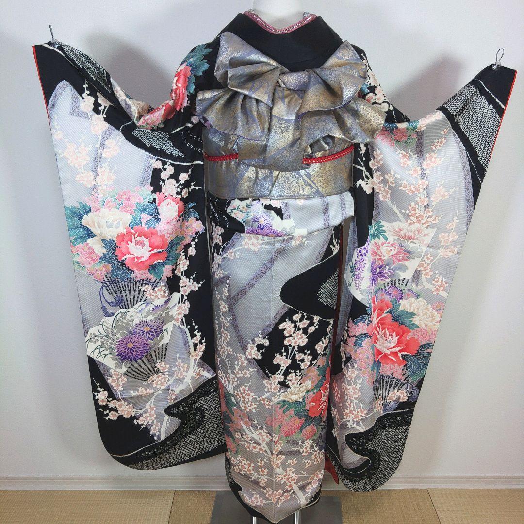 格安！！　振袖フルセット　11点　成人式　結婚式　前撮り　黒　ブラック　絞り　紫