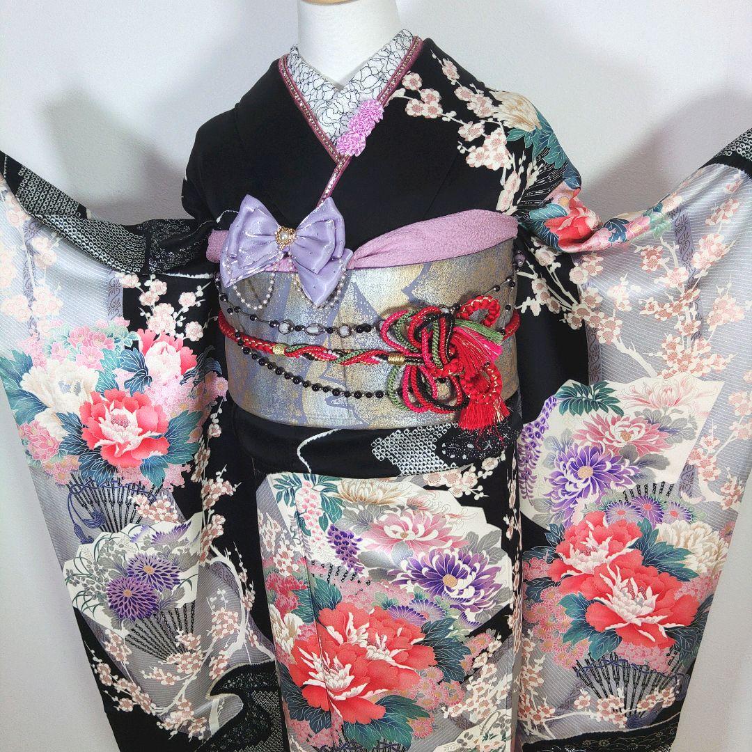 格安！！　振袖フルセット　11点　成人式　結婚式　前撮り　黒　ブラック　絞り　紫