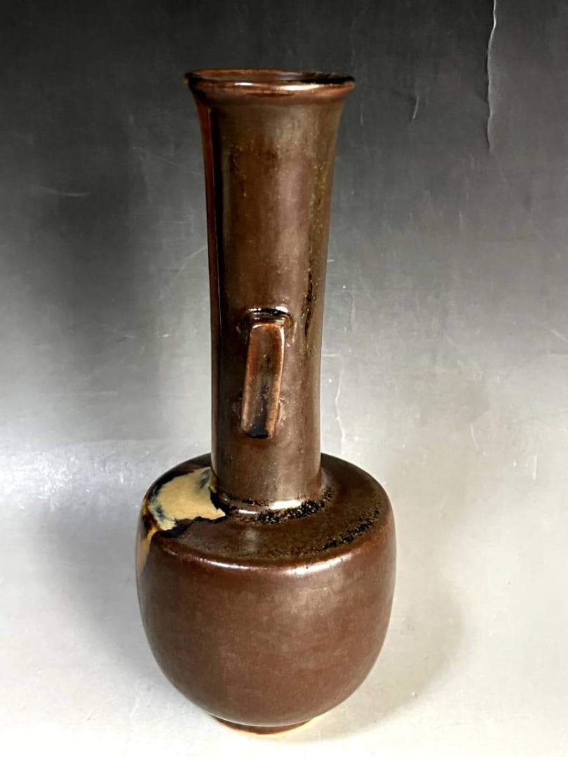 花瓶■百華釉 膳所焼 淡海せこ 陽炎園 古い花器 花入れ 耳付き 陶印 鶴首■