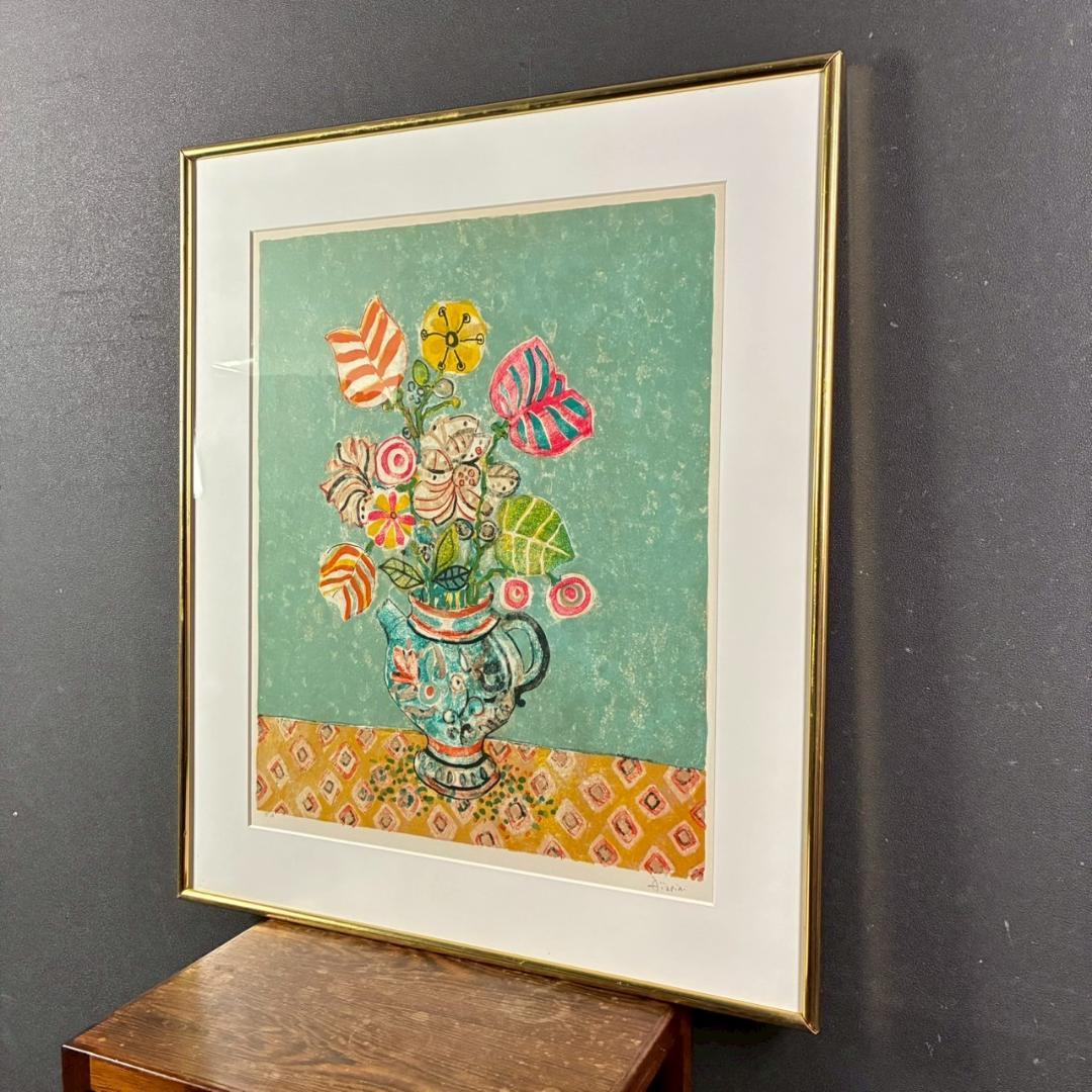 美品 ポール・アイズピリ「水差しの花束」リトグラフ 直筆サイン入 額縁入り