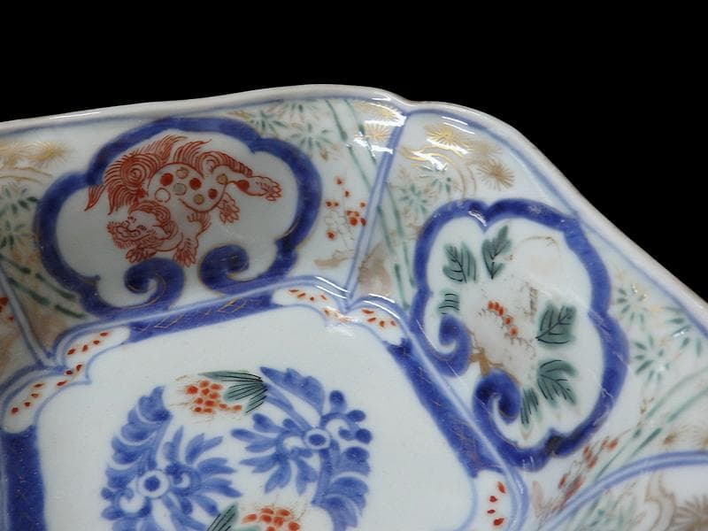 古伊万里　金襴手　窓絵　牡丹に獅子　松竹梅の図　四方角向付　B334AS-CVd