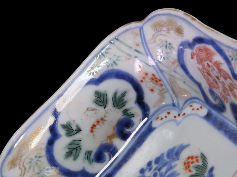 古伊万里　金襴手　窓絵　牡丹に獅子　松竹梅の図　四方角向付　B334AS-CVd