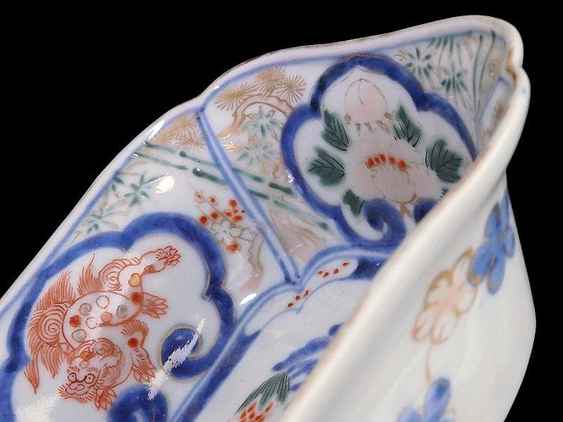 古伊万里　金襴手　窓絵　牡丹に獅子　松竹梅の図　四方角向付　B334AS-CVd