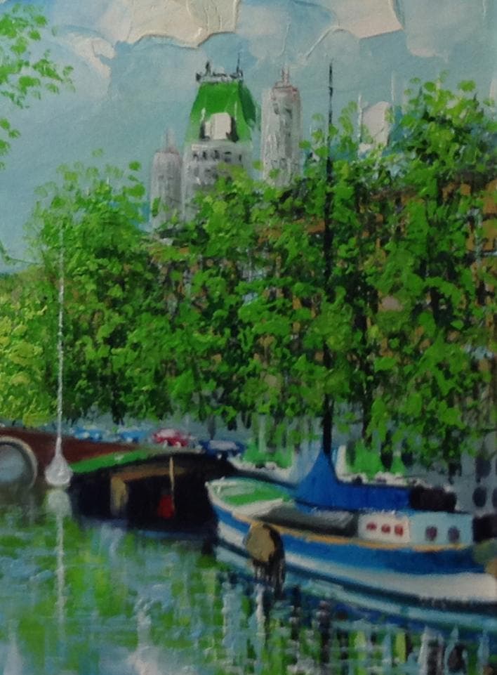 絵画 肉筆油絵 作者不詳 風景画 運河のある風景