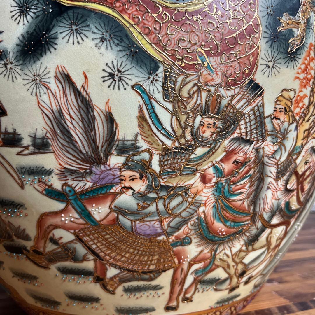 【豪華絢爛】武者絵 金魚鉢 武将・馬・金魚図 大型陶器 水鉢／火鉢／インテリア