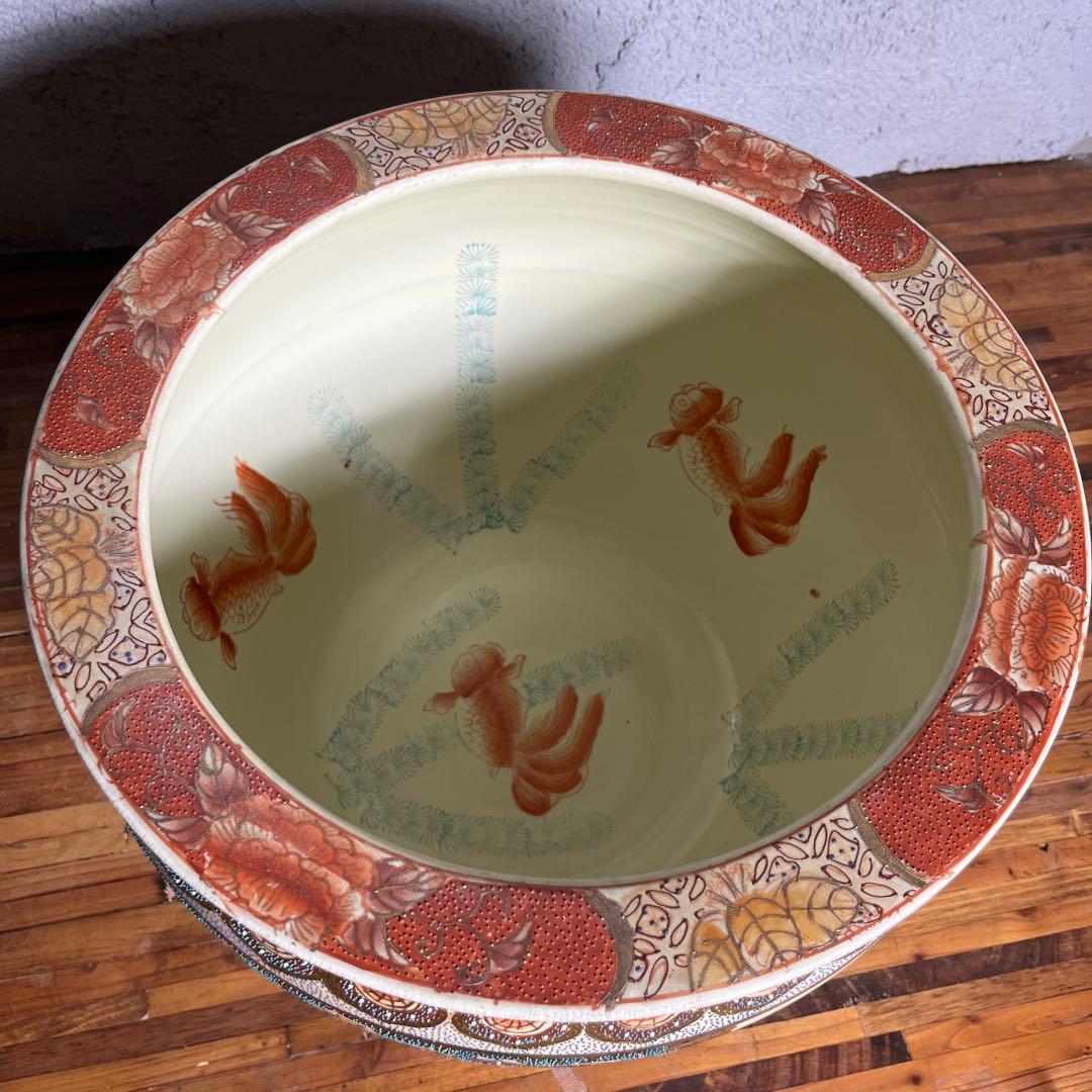 【豪華絢爛】武者絵 金魚鉢 武将・馬・金魚図 大型陶器 水鉢／火鉢／インテリア