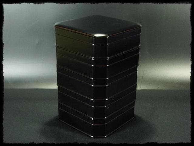 京塗名工 岡田 表寛 利休形 縁高 黒真塗 五重 菓子器 茶道具 共箱 g1