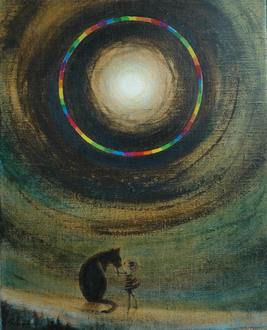 油絵 菅家令子絵 絵画インテリア額付(黒) F3-051821 祈り犬猫 女の子