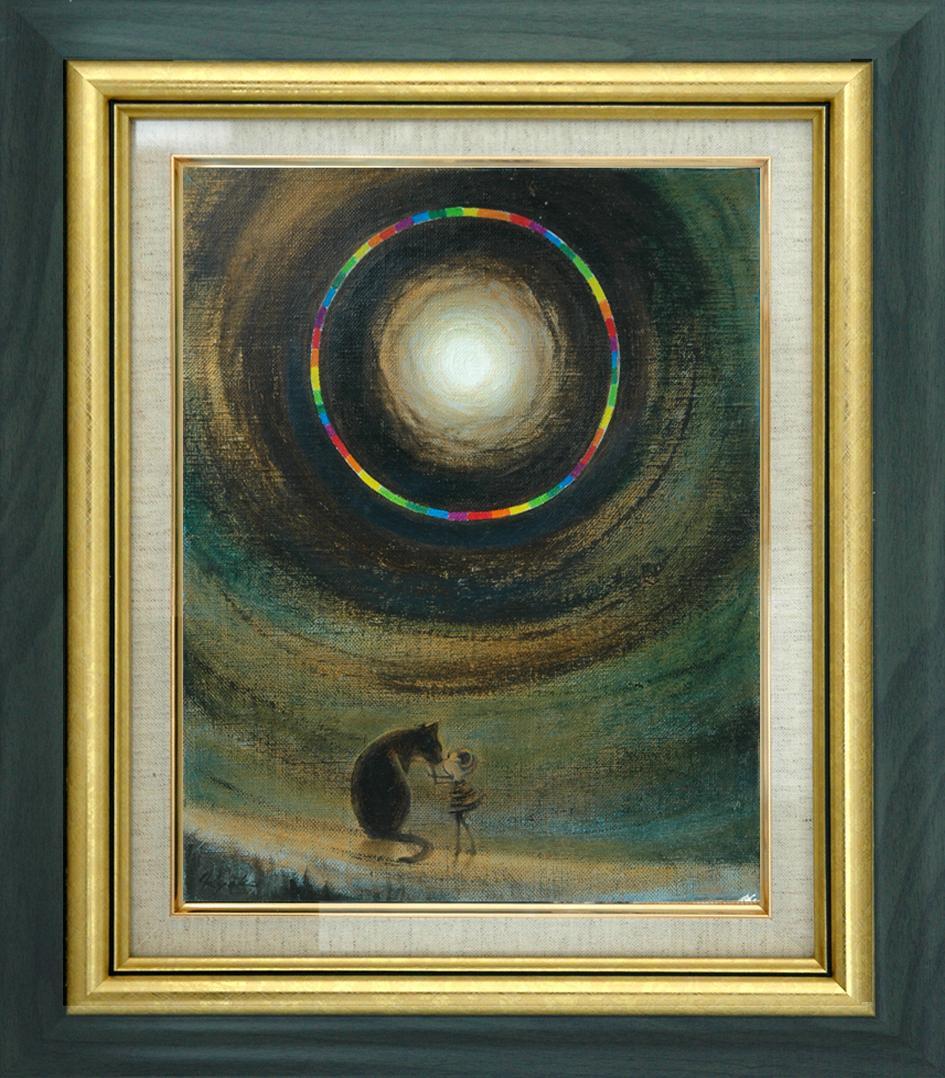 油絵 菅家令子絵 絵画インテリア額付(黒) F3-051821 祈り犬猫 女の子