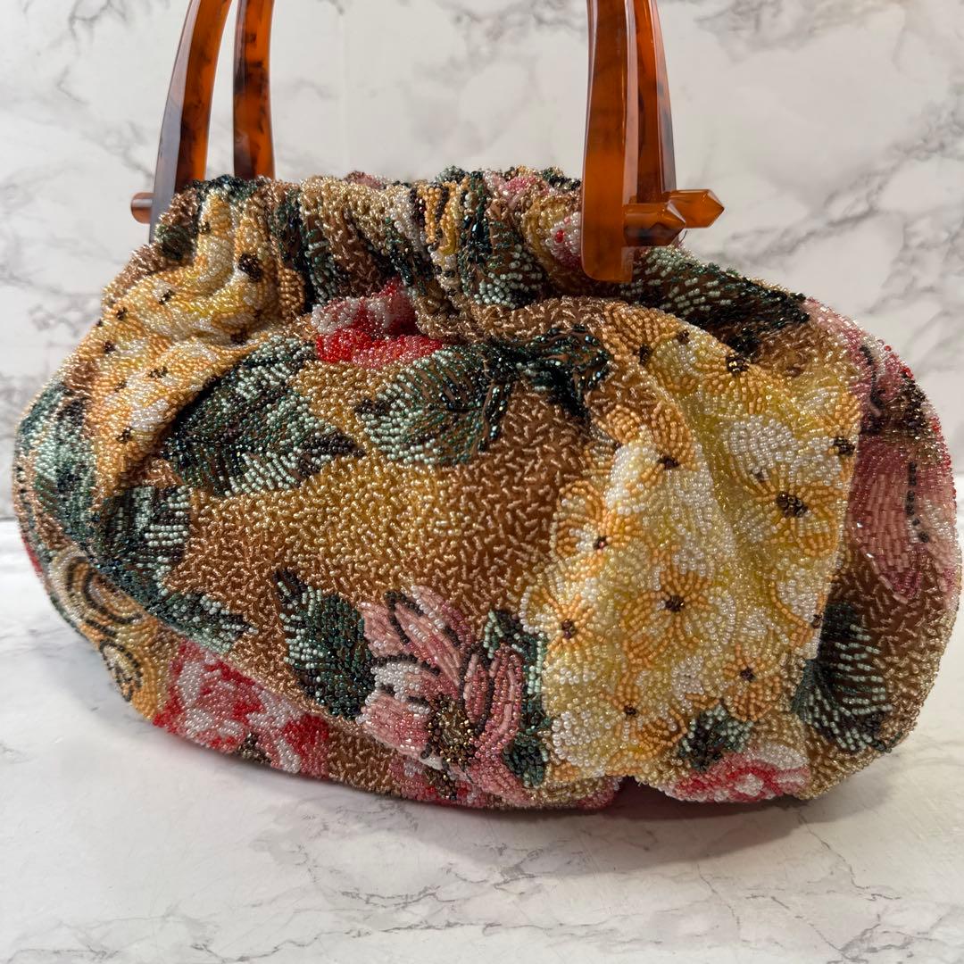ノーブランド 花柄 ビーズ刺繍×鼈甲ハンドル アンティーク 和装ハンドバッグ