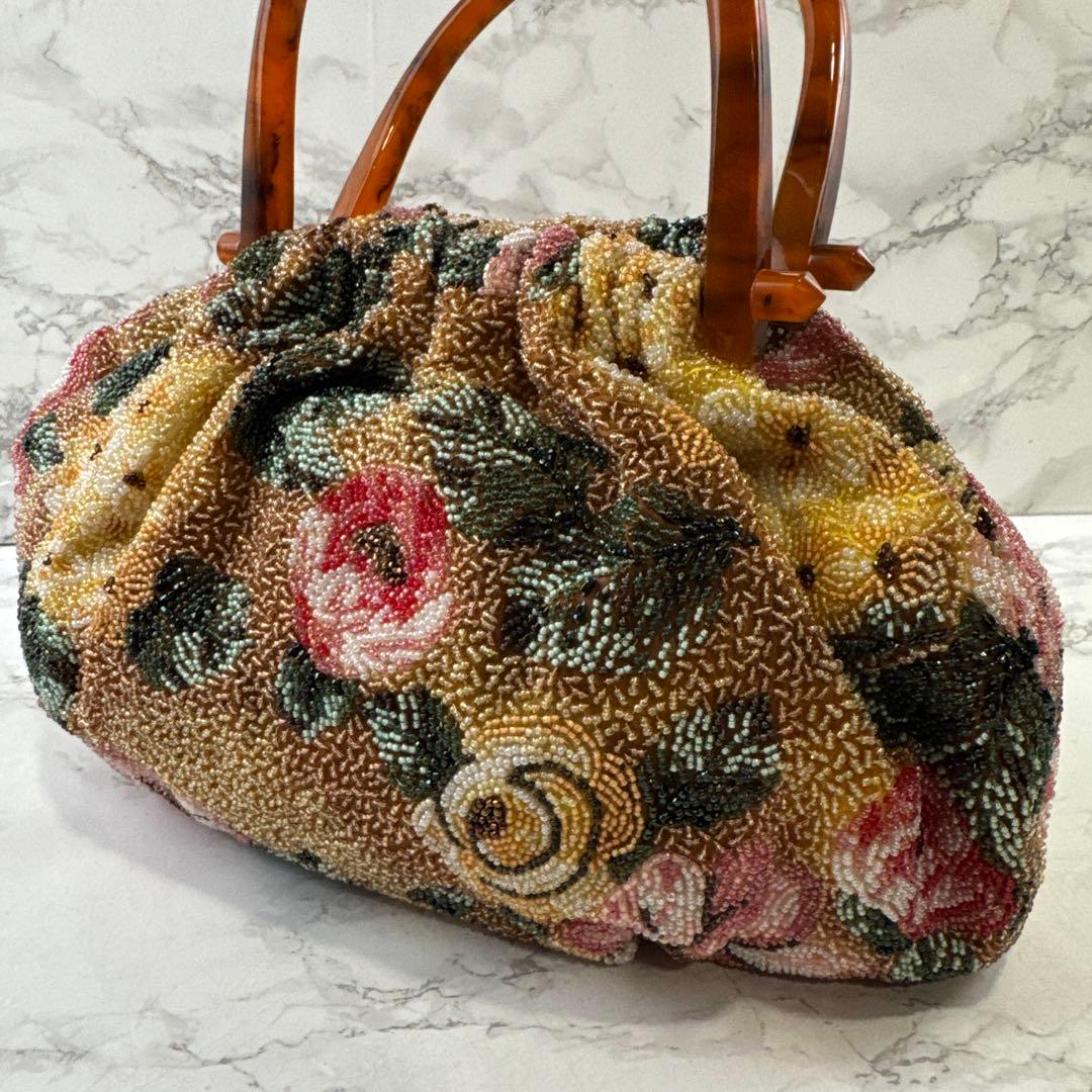 ノーブランド 花柄 ビーズ刺繍×鼈甲ハンドル アンティーク 和装ハンドバッグ