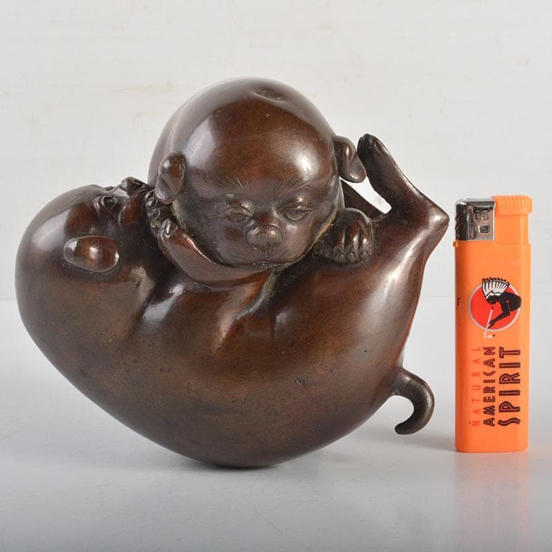 明治金工　古銅　子犬　双犬　置物　G　R6994