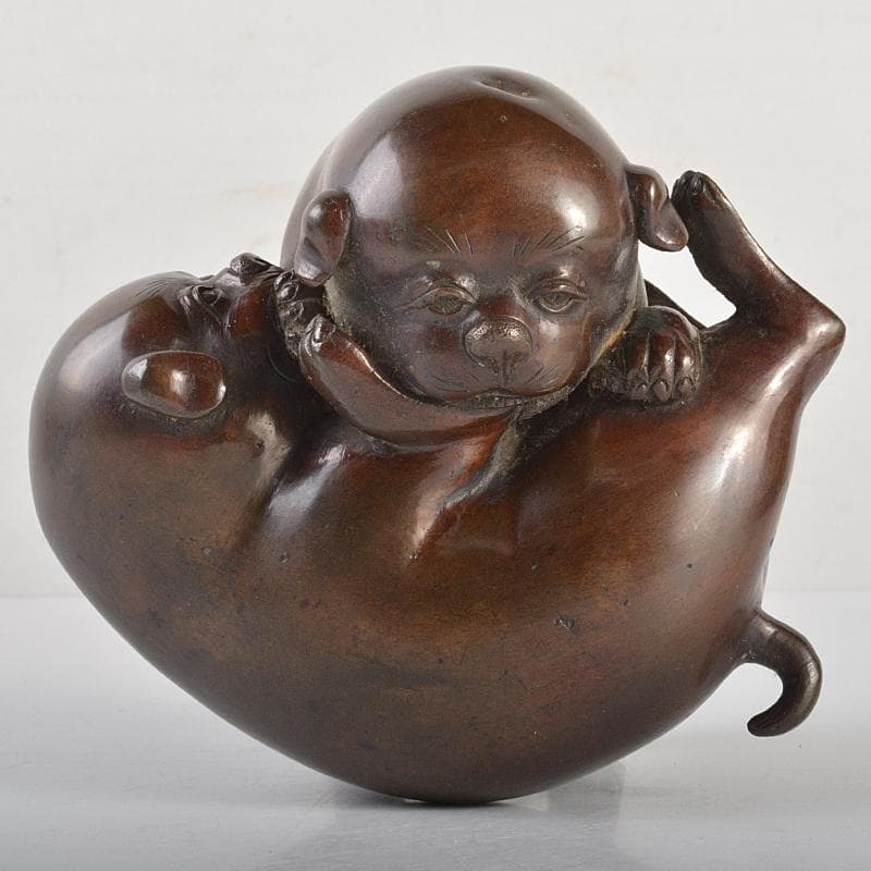 明治金工　古銅　子犬　双犬　置物　G　R6994