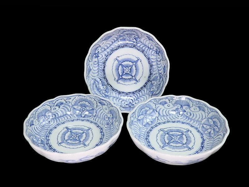 古伊万里　線描き　クルス紋に花の図　膾皿　３客　D505AS-CZp