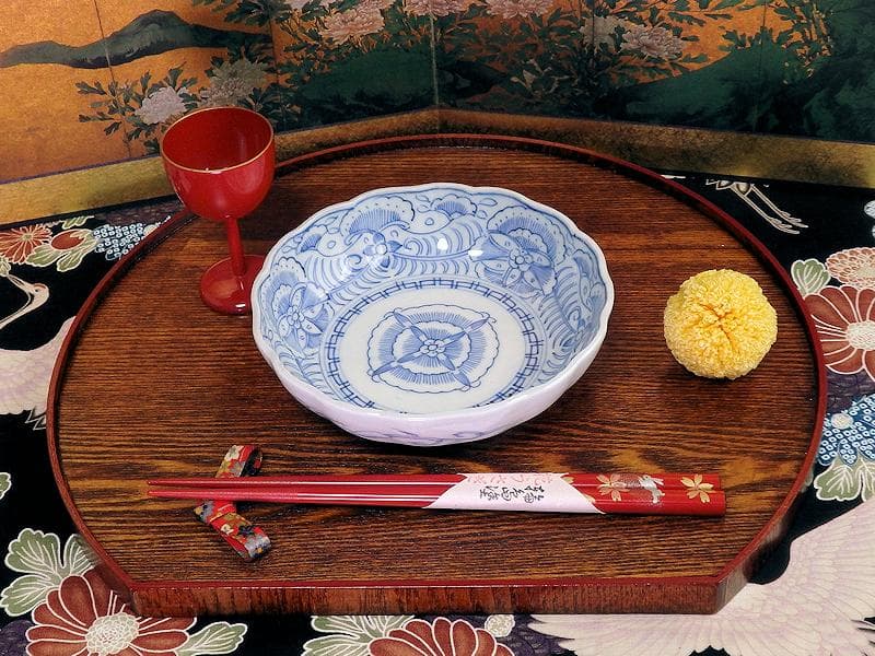 古伊万里　線描き　クルス紋に花の図　膾皿　３客　D505AS-CZp