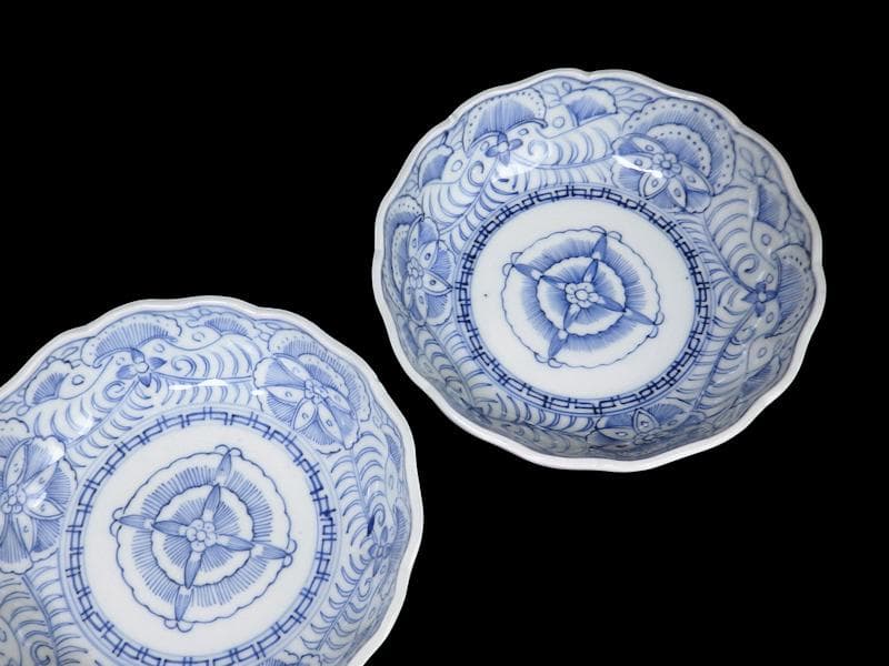 古伊万里　線描き　クルス紋に花の図　膾皿　３客　D505AS-CZp