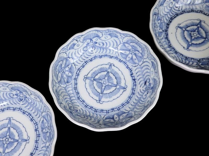 古伊万里　線描き　クルス紋に花の図　膾皿　３客　D505AS-CZp