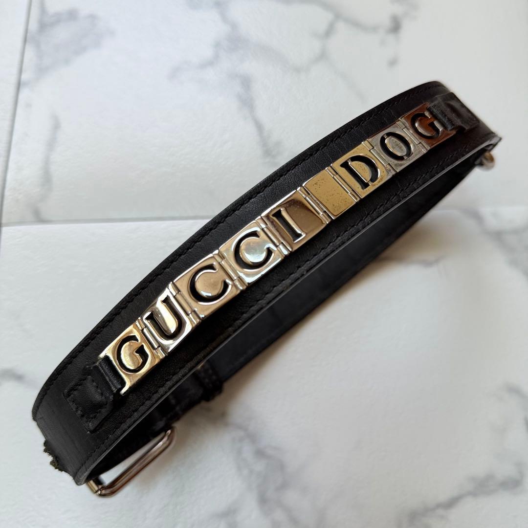 グッチ ロゴ プレート レザー リード 首輪 セット ブラック 中型犬　大型犬