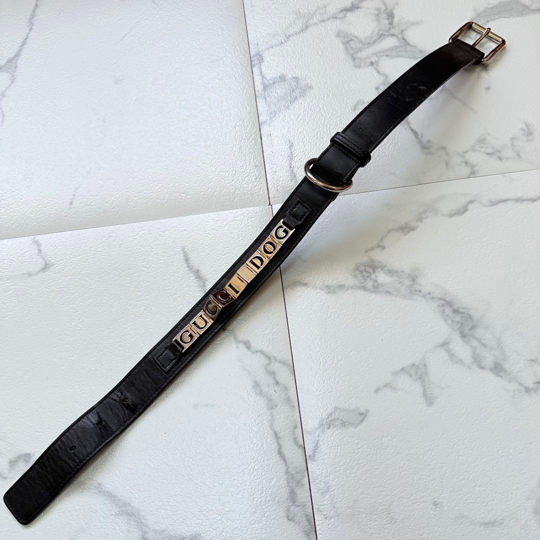 グッチ ロゴ プレート レザー リード 首輪 セット ブラック 中型犬　大型犬