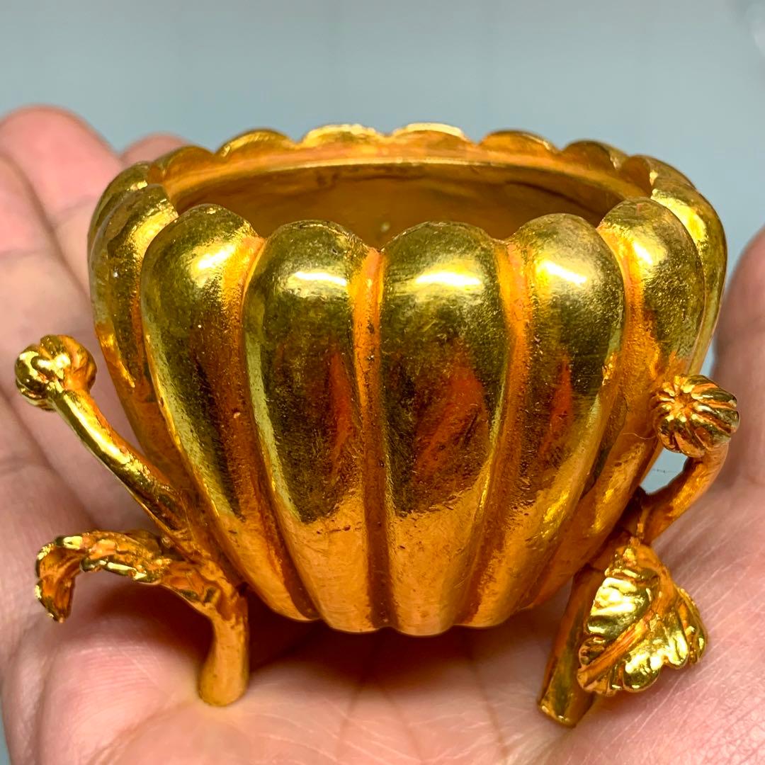 文房貝 鉢 香爐 小物入れ ジュエリーボックス凹凸金葉彫刻　置物縁起物時代物