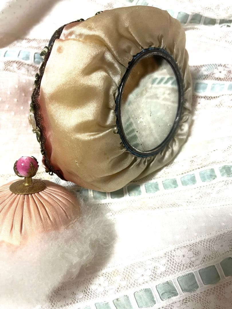 アンティーク　シルク　ミラー付き　パース　小物入れ