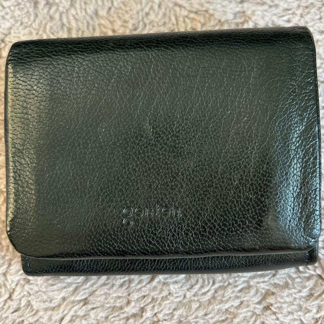 【YY 様】genten ブラックレザー 二つ折り財布 牛革 黒 男女兼用