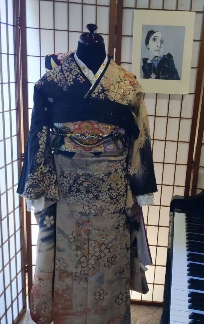 408黒　大正浪漫　夢二　桜　正絹振袖6点フルセット成人式卒業式結婚式