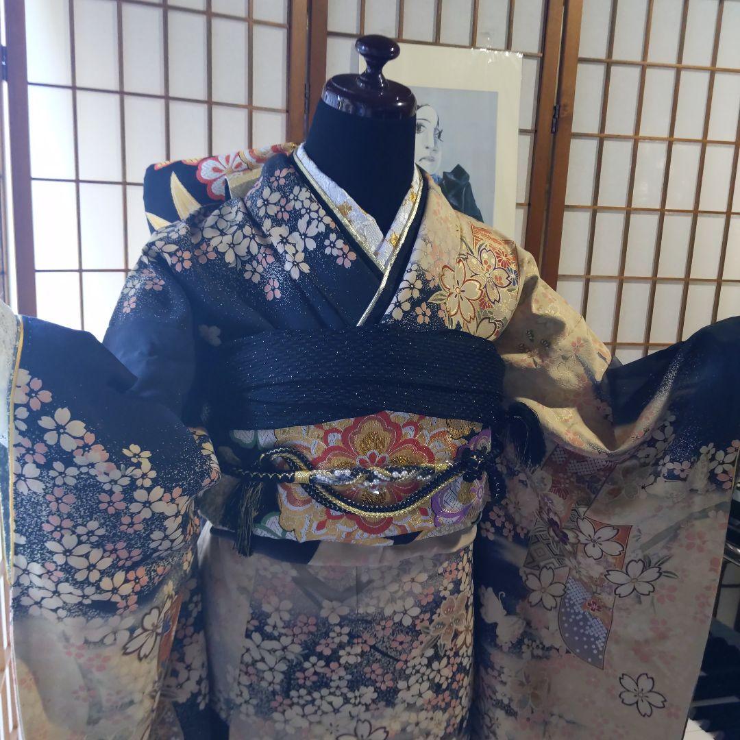 408黒　大正浪漫　夢二　桜　正絹振袖6点フルセット成人式卒業式結婚式