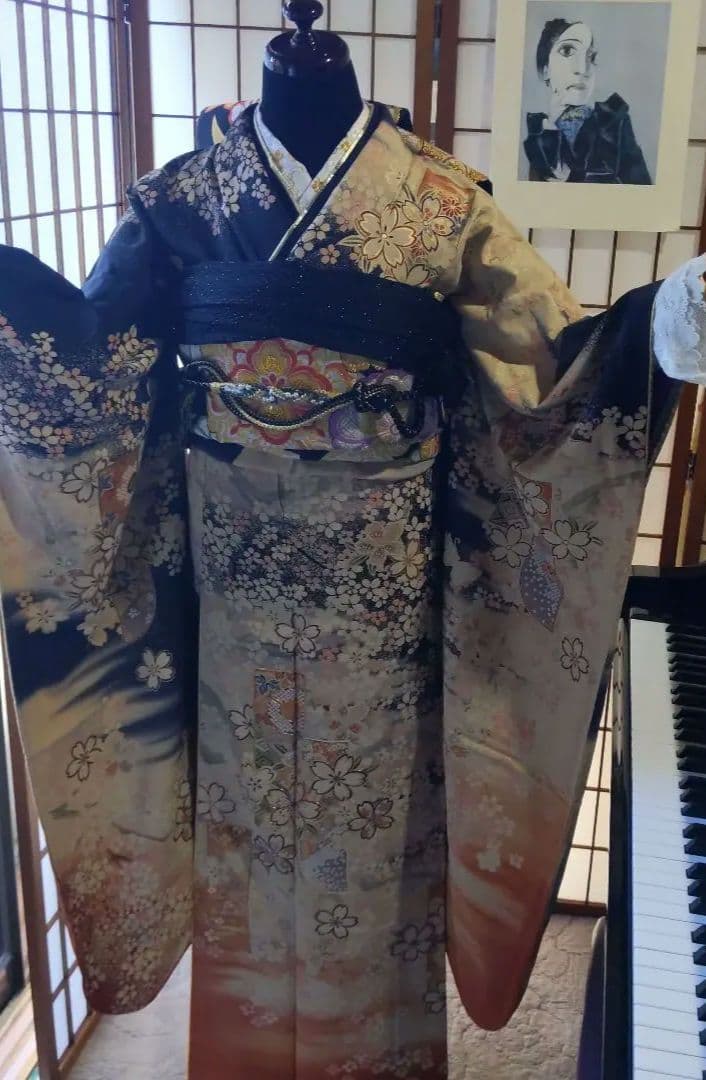 408黒　大正浪漫　夢二　桜　正絹振袖6点フルセット成人式卒業式結婚式