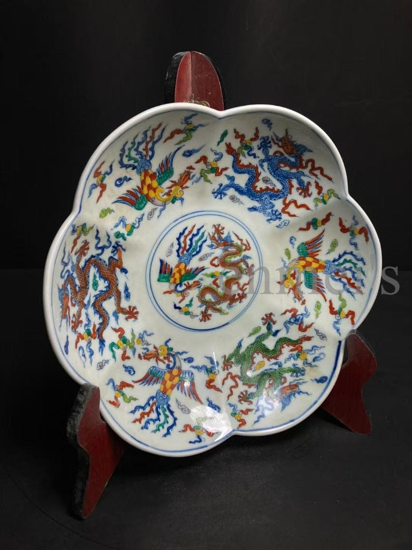 中国古美術・五彩絵花口皿・花形五彩龍鳳皿・純手作り・陶磁器・茶道具・飾皿
