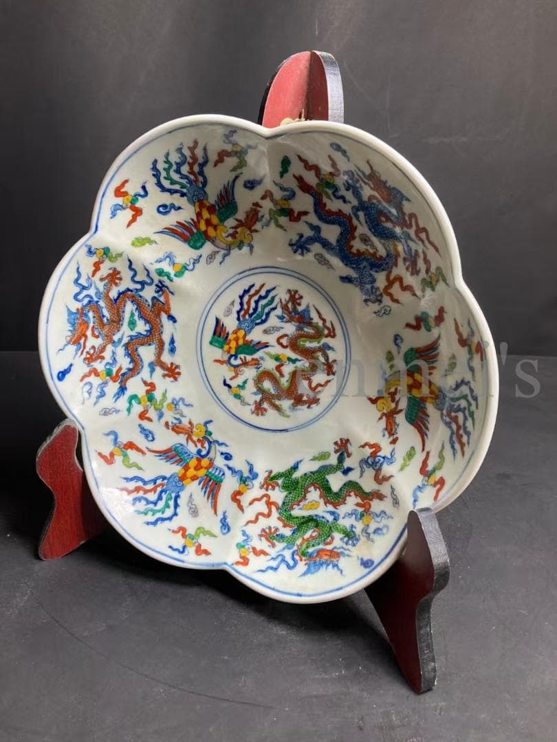 中国古美術・五彩絵花口皿・花形五彩龍鳳皿・純手作り・陶磁器・茶道具・飾皿