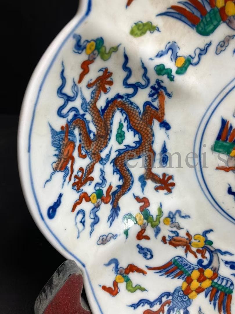 中国古美術・五彩絵花口皿・花形五彩龍鳳皿・純手作り・陶磁器・茶道具・飾皿