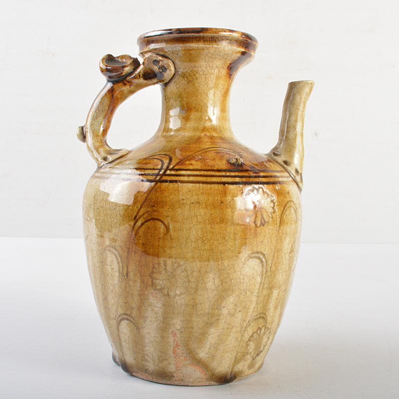 瀬戸焼　古瀬戸　黄瀬戸　灰釉印花菊文　手付水注　V　R6928