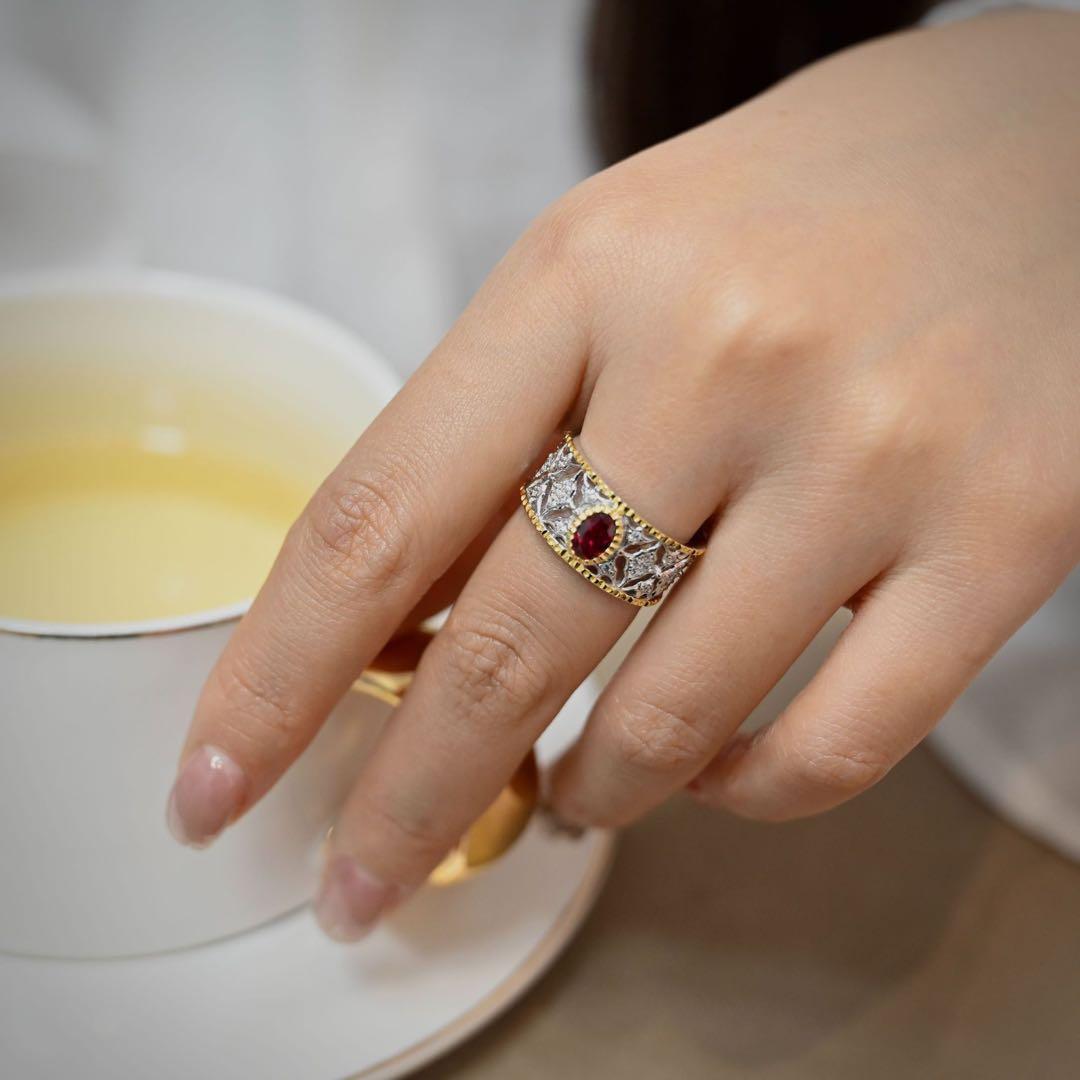 【けいこ様】ラボグロウン・ルビー 彫金ワイドリング／クラシックアンティーク