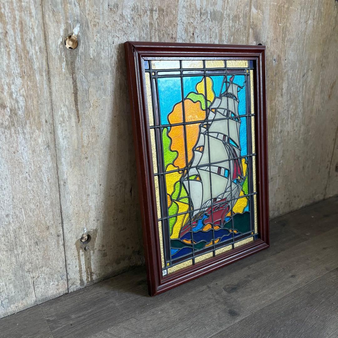 ニューステンドグラスパネル　帆船　ヨット　ヴィンテージ 額装　現状品