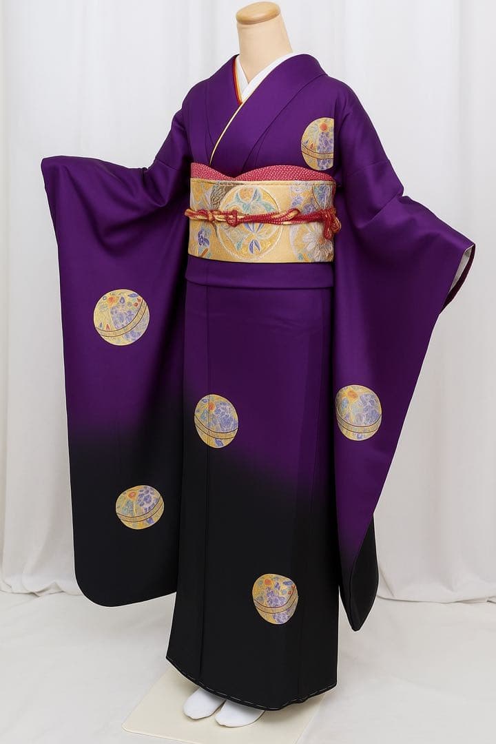 [美品] ヴィンテージ　振袖　成人式　手縫い　紫　黒　繻子　綸子　結婚式