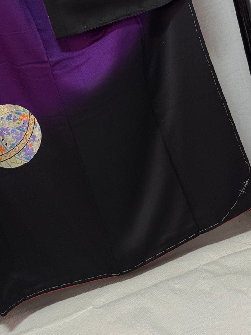 [美品] ヴィンテージ　振袖　成人式　手縫い　紫　黒　繻子　綸子　結婚式