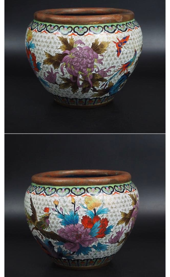 送料無料　中国古玩 鳳凰牡丹図七宝花鉢 植木鉢