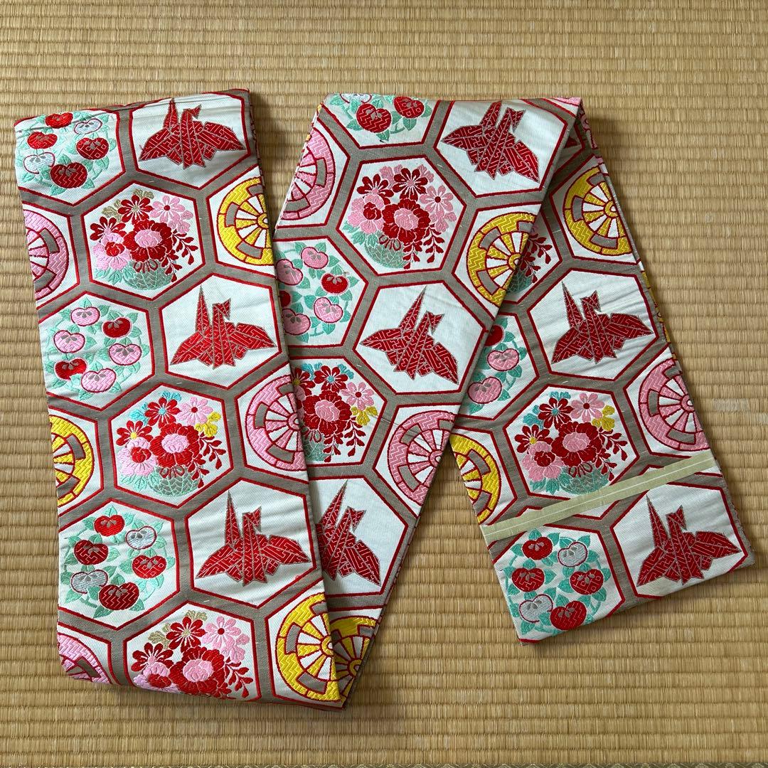 七五三　結び帯　帯　両面柄　赤　7歳　七歳　豪華両面柄入り　折鶴　折り鶴　鶴